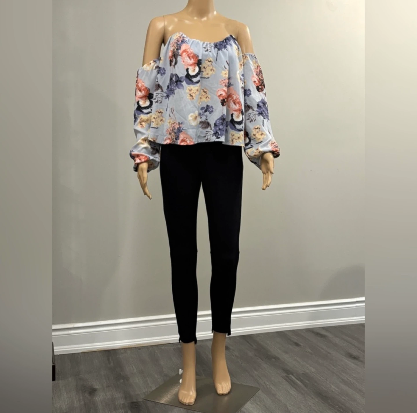 Light Blue Floral Off-the-Shoulder Blouse