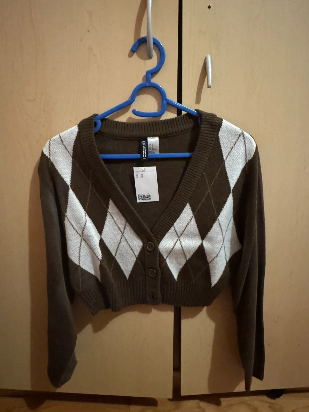 Divided Brown & White Argyle Cropped Cardigan