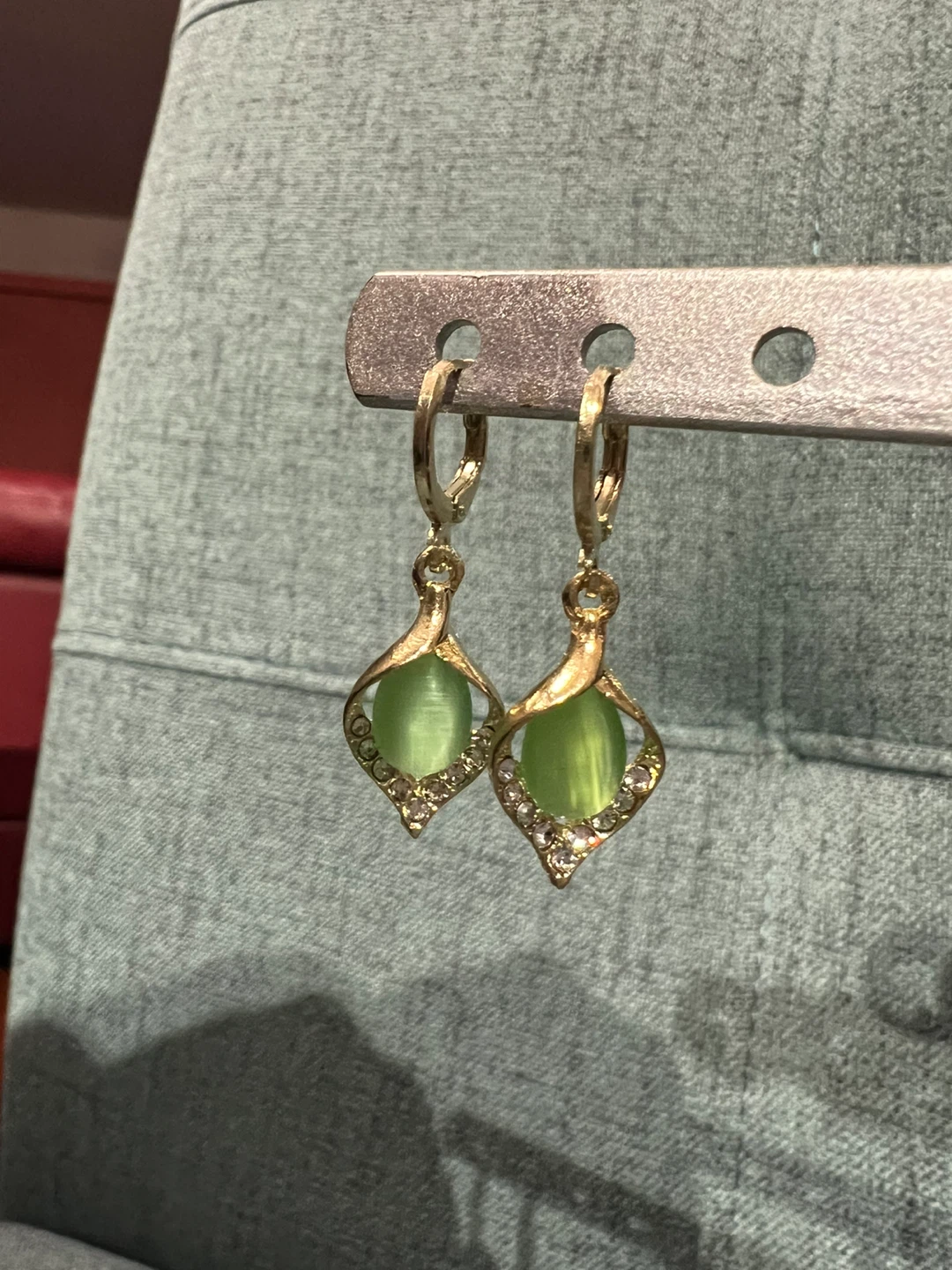Gold-tone Drop Earrings with Green Gemstones - photo 2