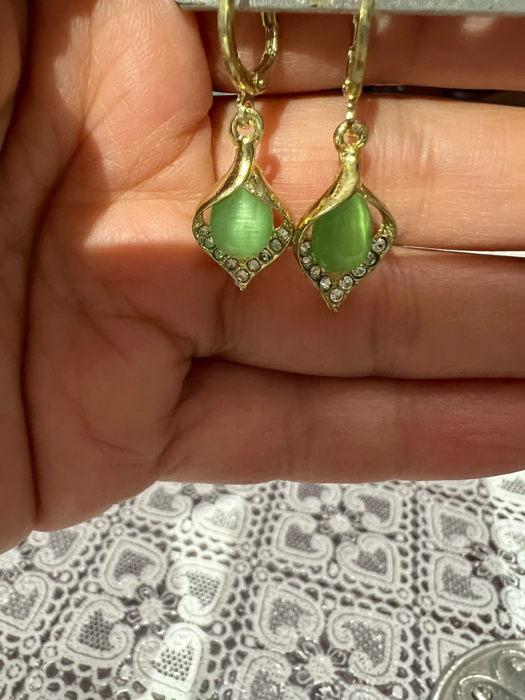 Gold-tone Drop Earrings with Green Gemstones - photo 5