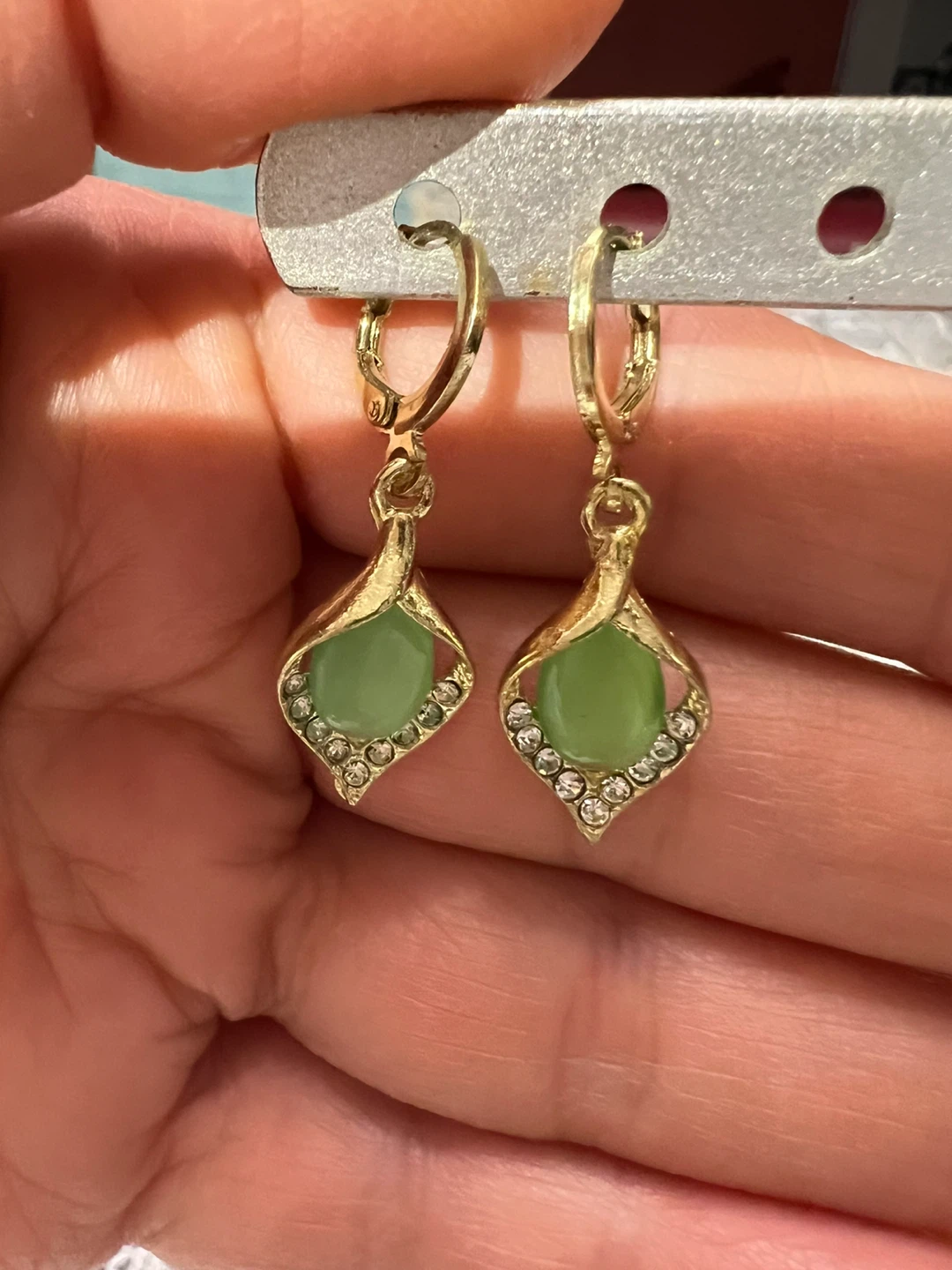 Gold-tone Drop Earrings with Green Gemstones - photo 4