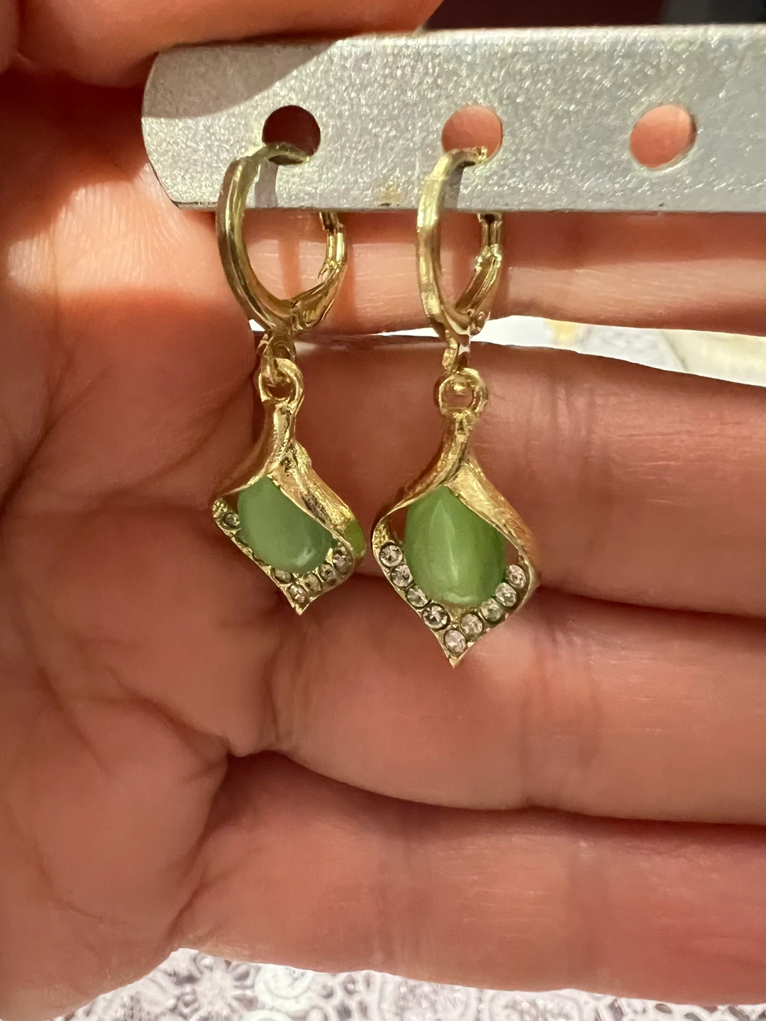 Gold-tone Drop Earrings with Green Gemstones - photo 3