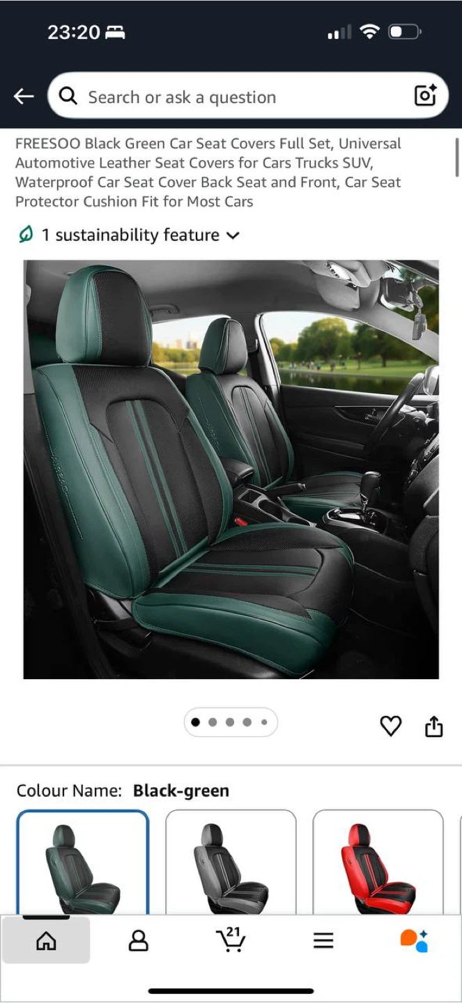 FREESOO Black-Green Car Seat Covers – Full Set – NEW