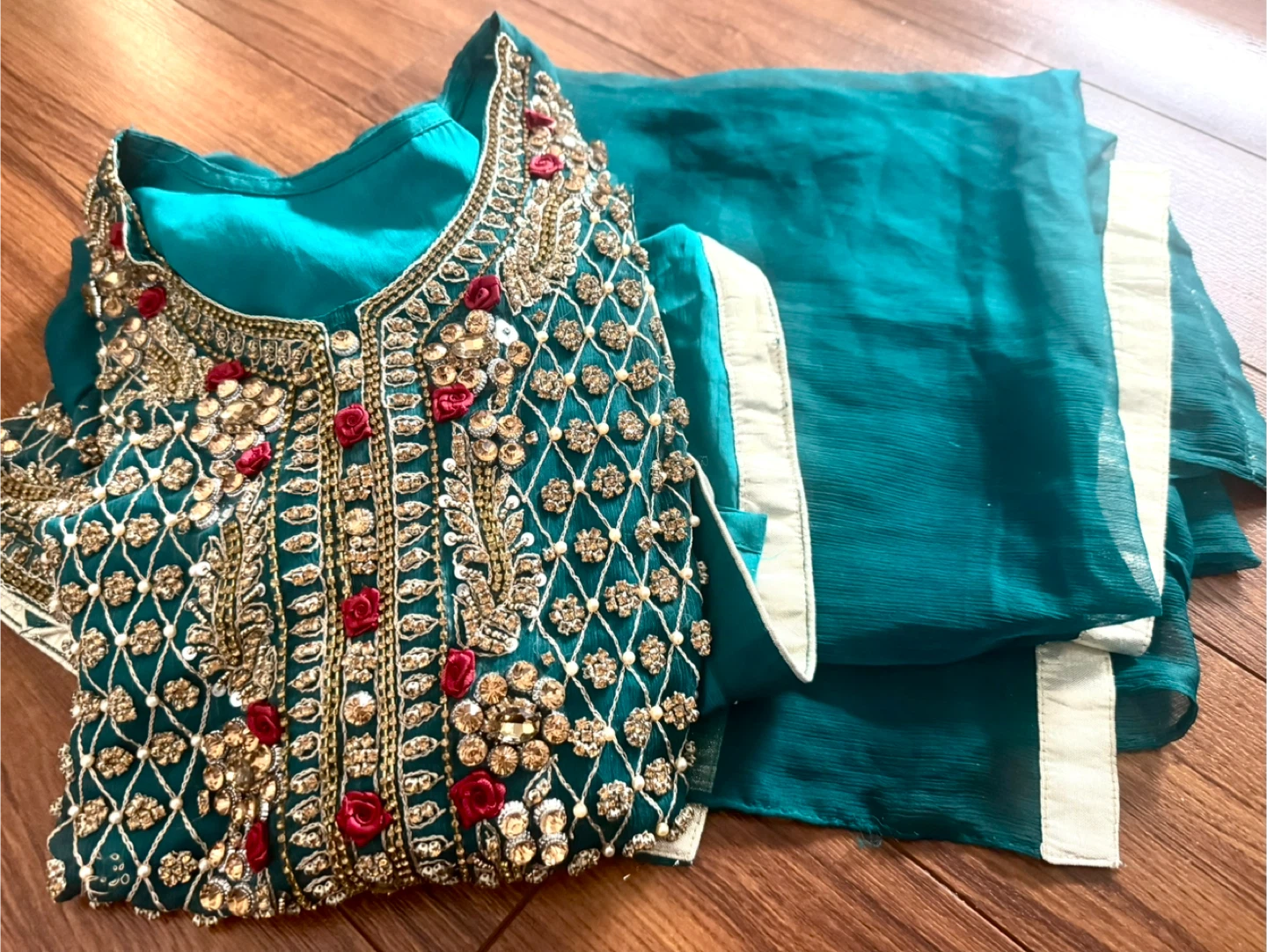 Teal Embroidered Kurti with Dupatta