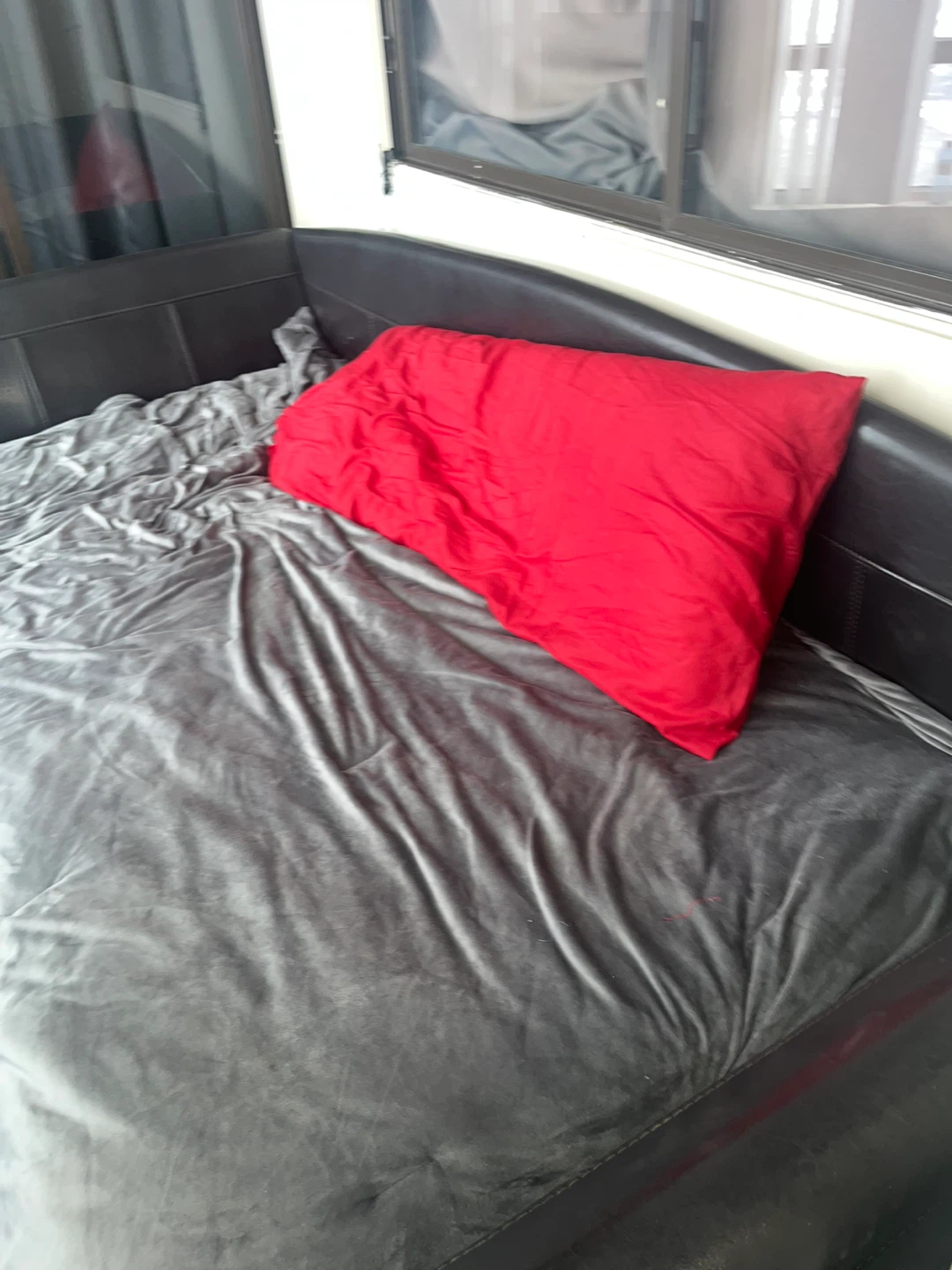 Black Faux Leather Bed Frame with Grey Bedding - photo 2