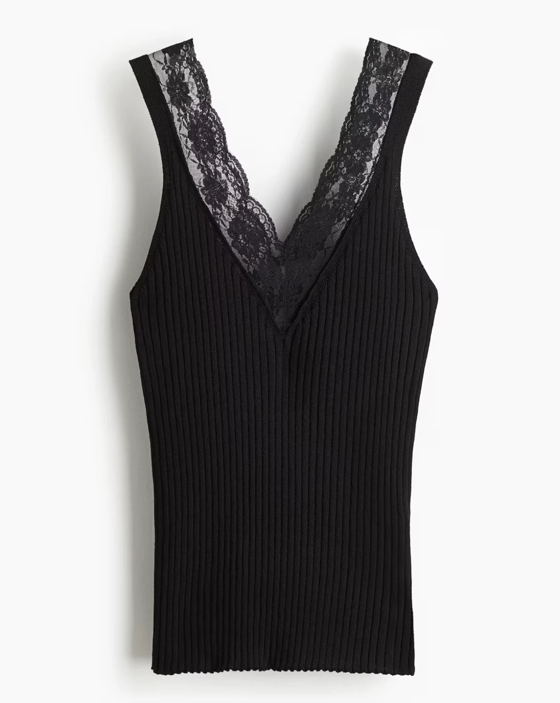 Black ribbed tank top with lace trim