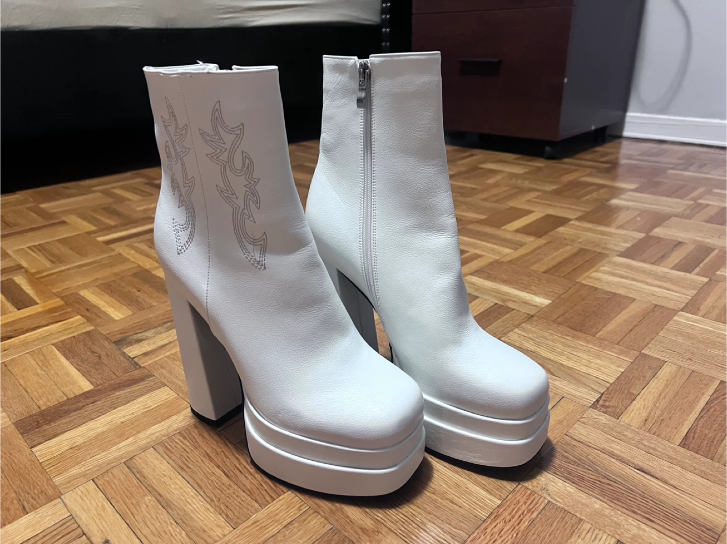 White Platform Boots with Rhinestone Flame Detail
