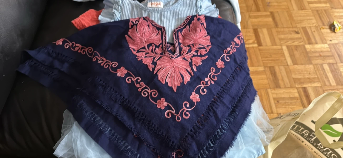 Navy Blue Embroidered Poncho with Pink Floral Detail