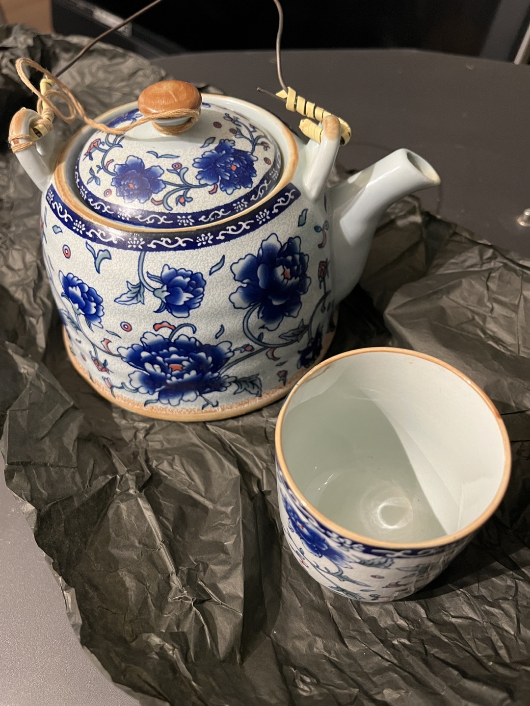 Chinese Floral Ceramic Teapot and Cup