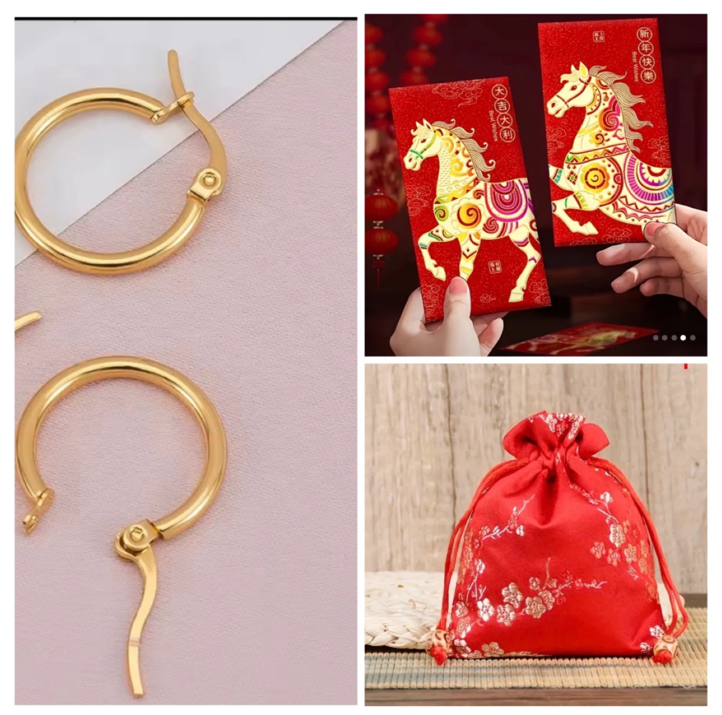 2 Horse Red Envelopes+ Embroidered Silk Pouch+ Earrings - photo 2