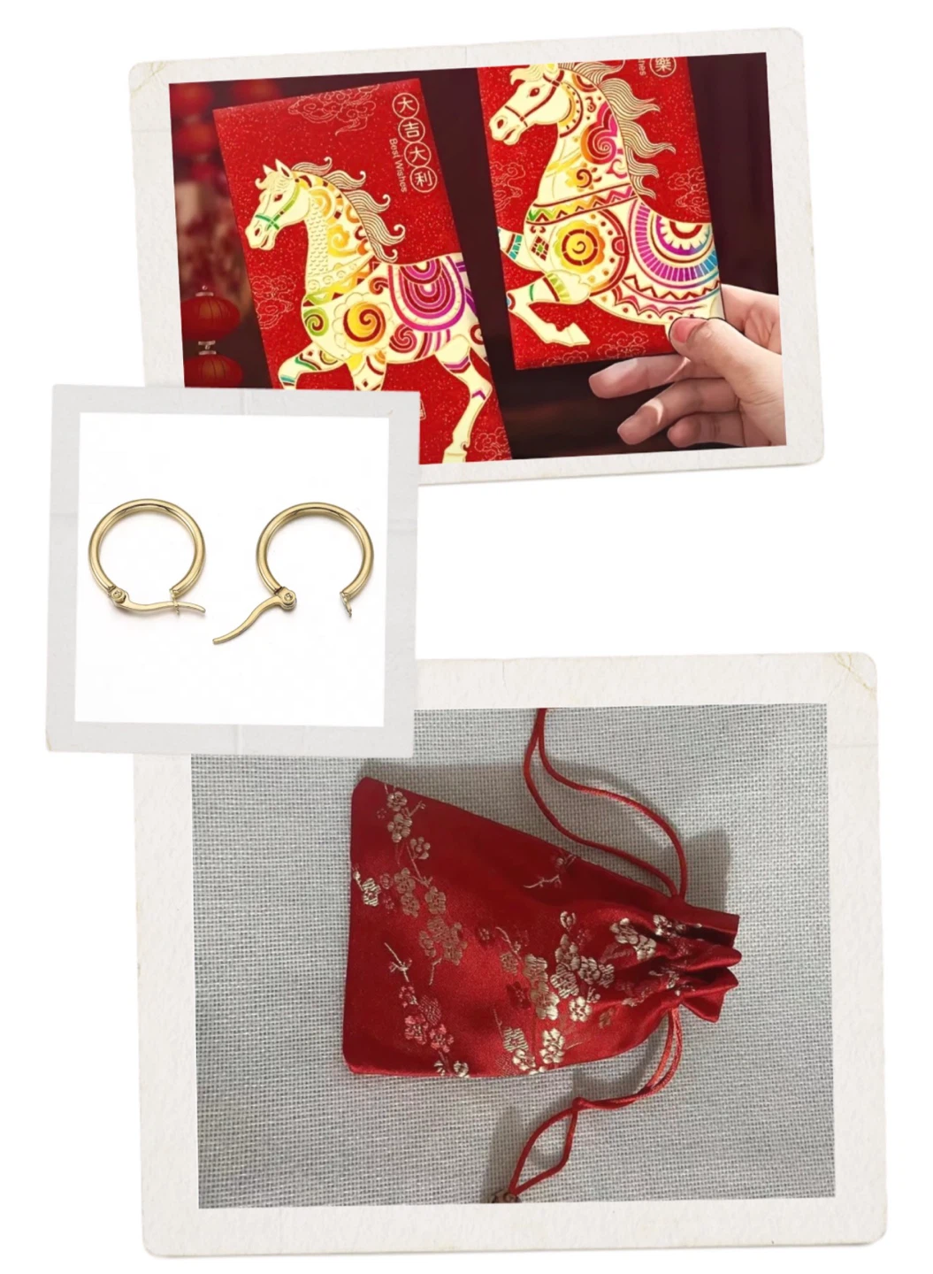 2 Horse Red Envelopes+ Embroidered Silk Pouch+ Earrings
