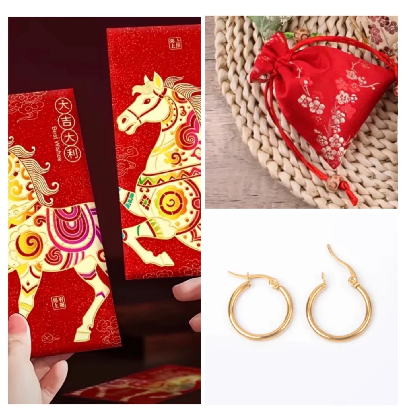 2 Horse Red Envelopes+ Embroidered Silk Pouch+ Earrings - photo 3