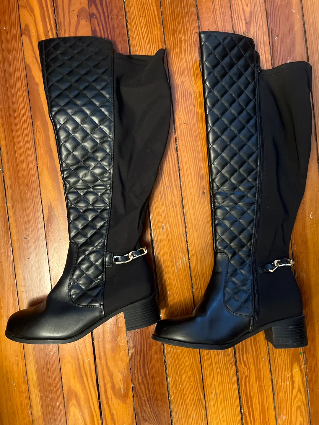 Black Quilted Knee-High Boots - Size US 8