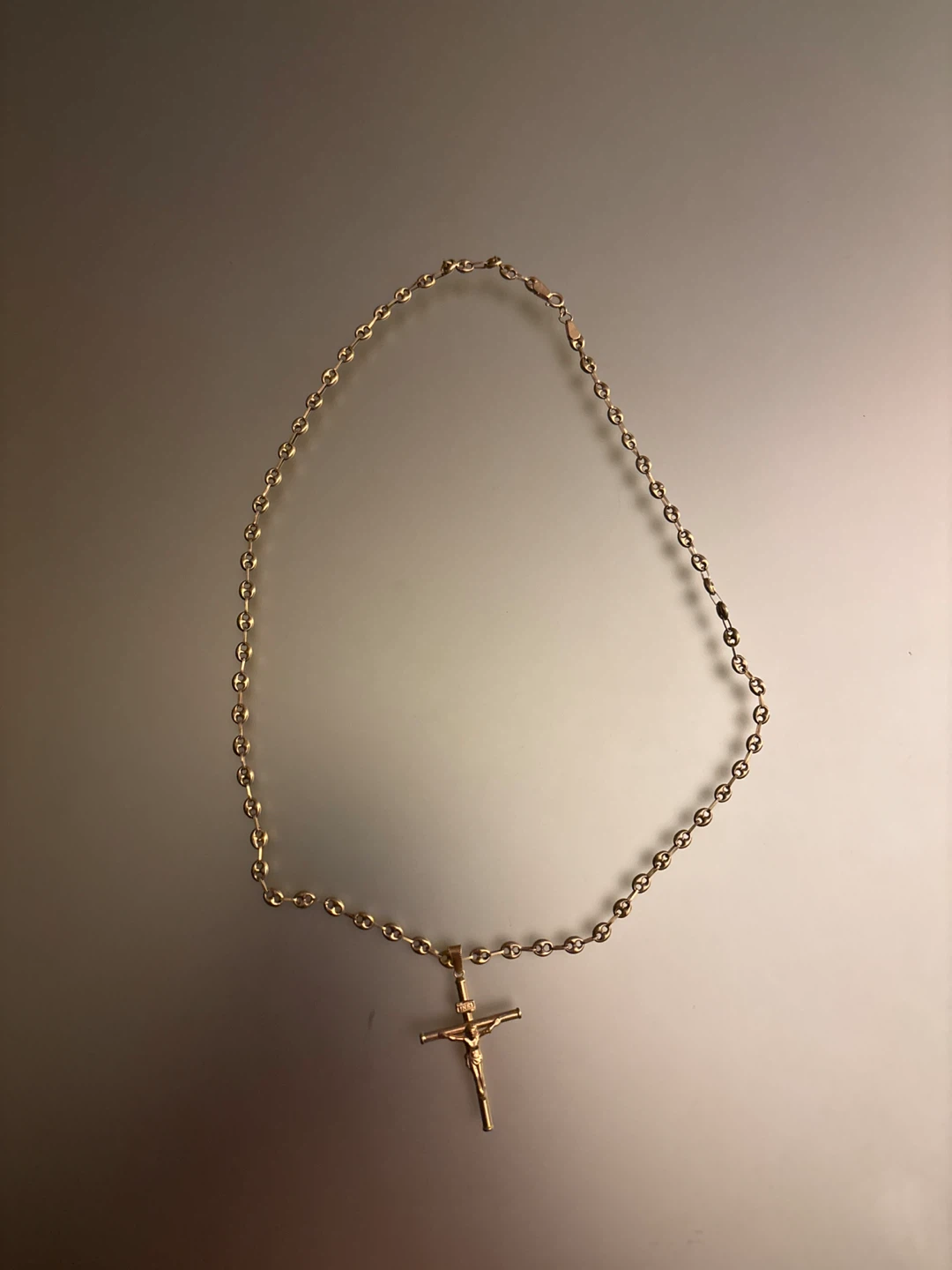 Gold Tone Crucifix Rosary Necklace