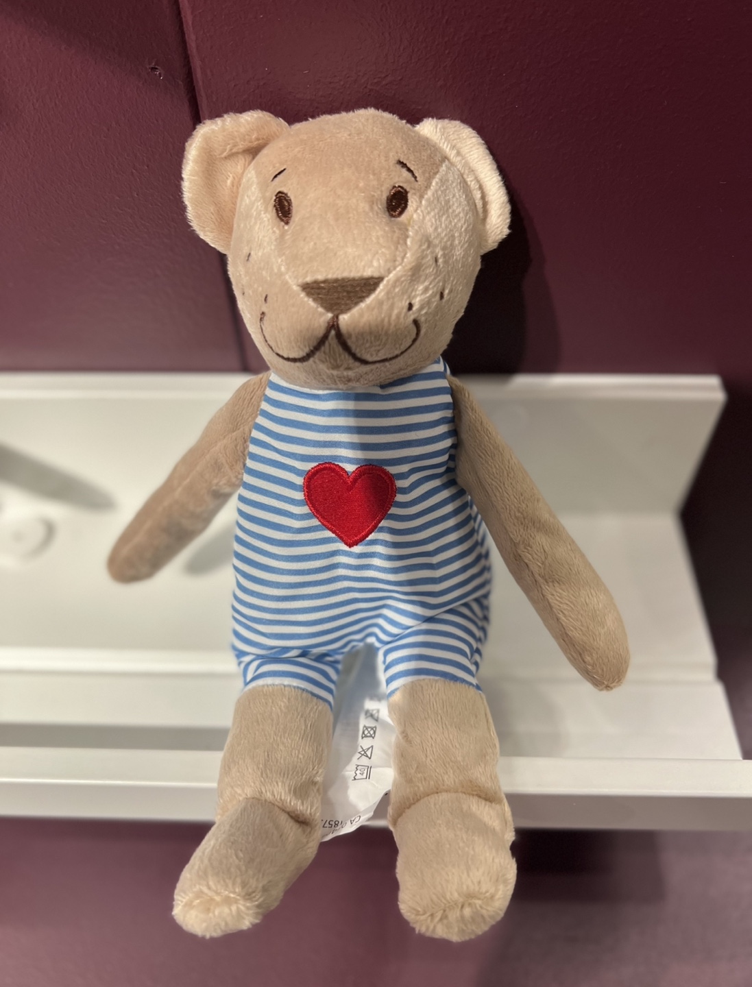 Brand New-Plush Teddy Bear with Blue Striped Romper & Red Heart