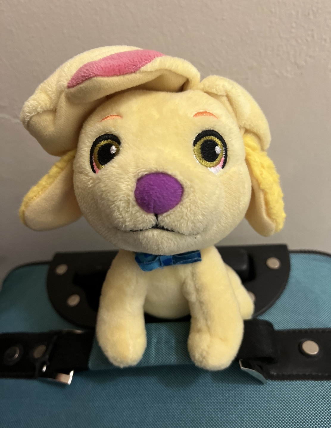 Yellow Plush Puppy Dog Toy with Blue Bow tie