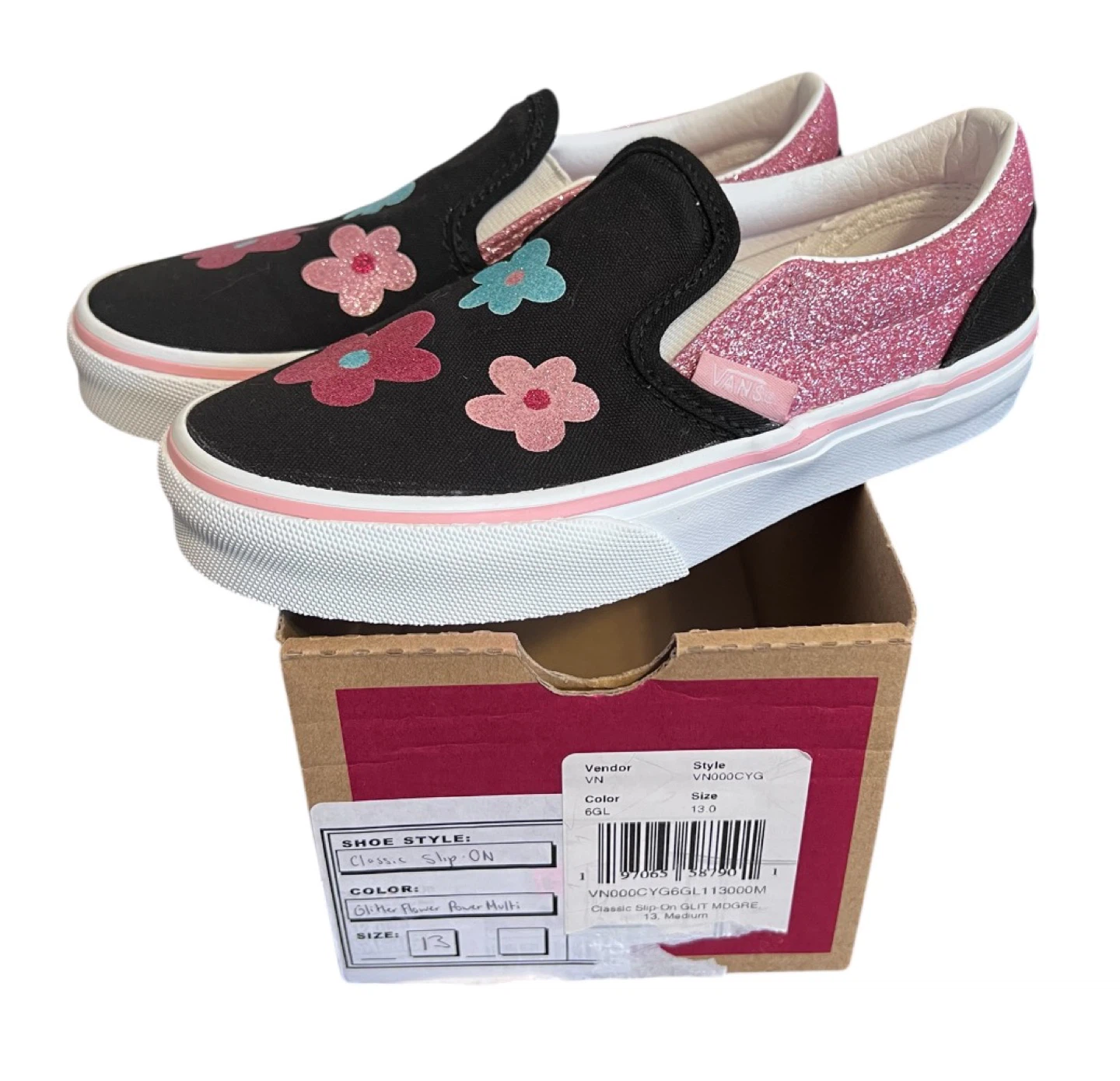 Vans Classic Slip-On – Glitter Flower Power (Kids Size 13)