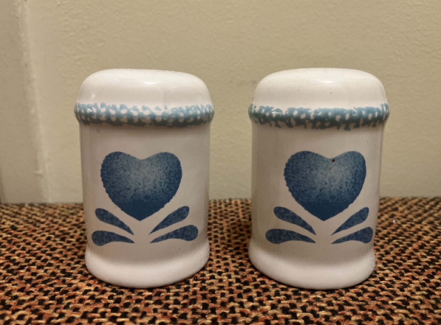 Pair of Ceramic Salt and Pepper Shakers with Blue Heart Design