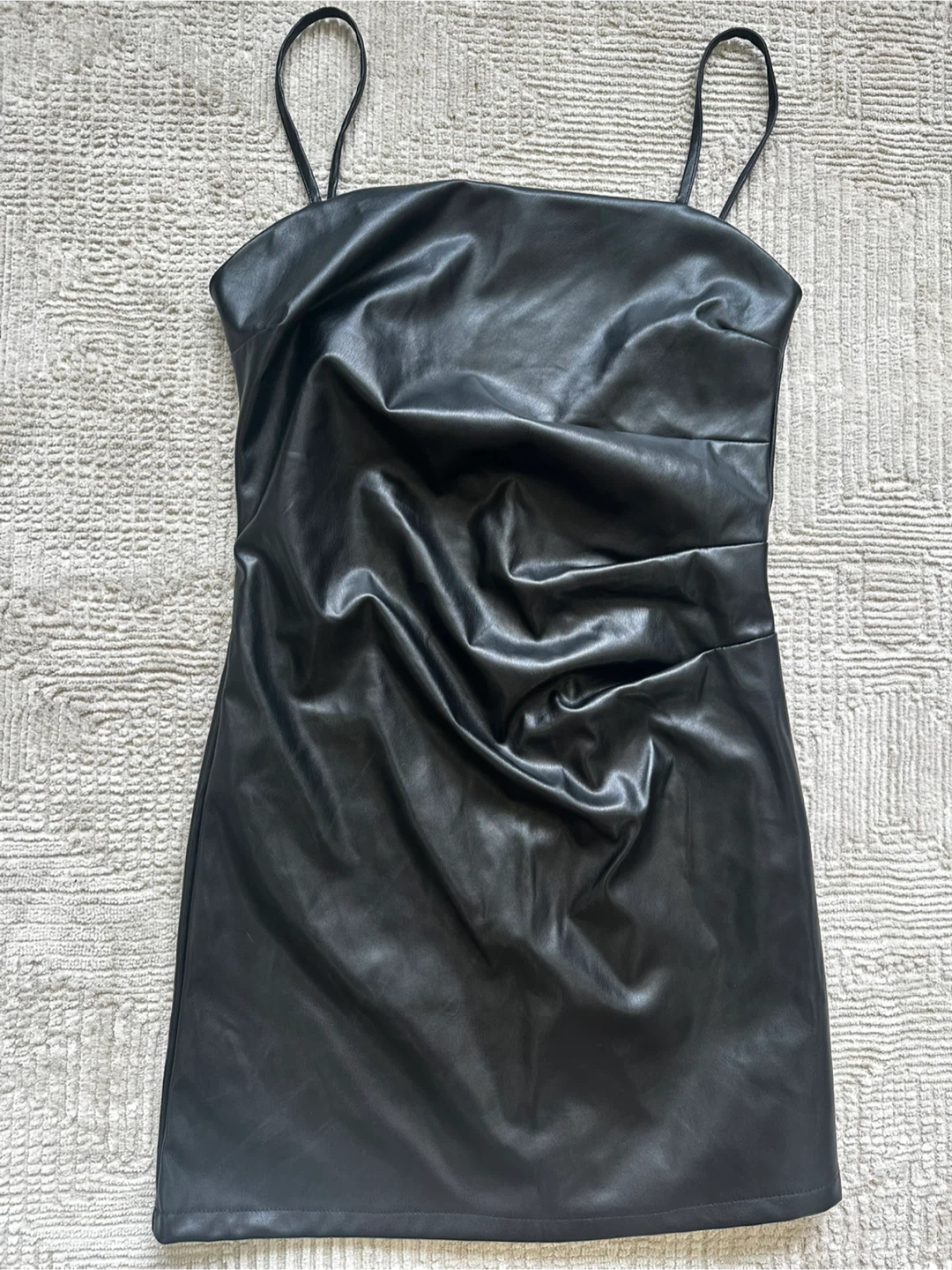 New Black Faux Leather Spaghetti Strap Mini Dress - photo 3