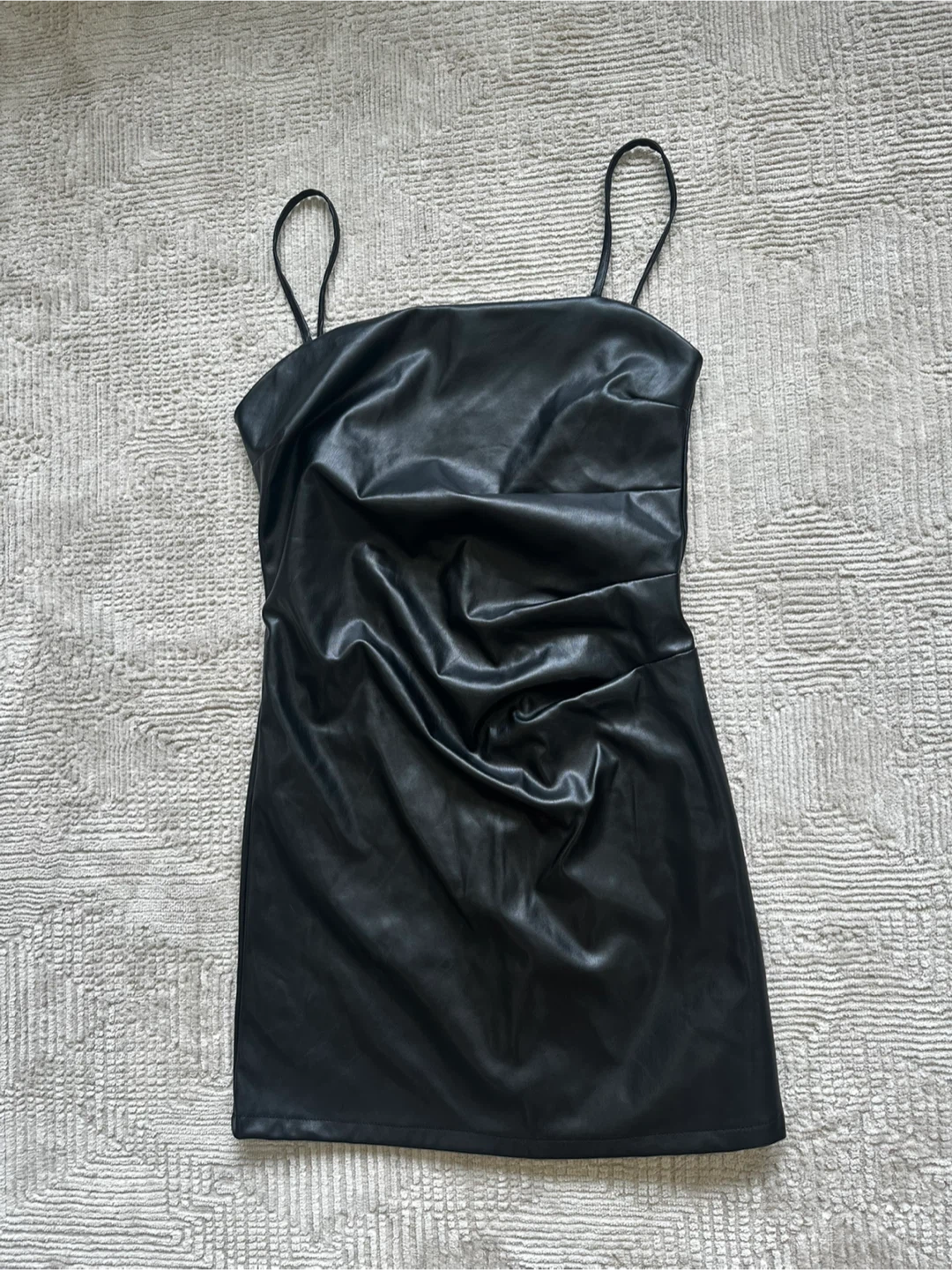 New Black Faux Leather Spaghetti Strap Mini Dress - photo 2