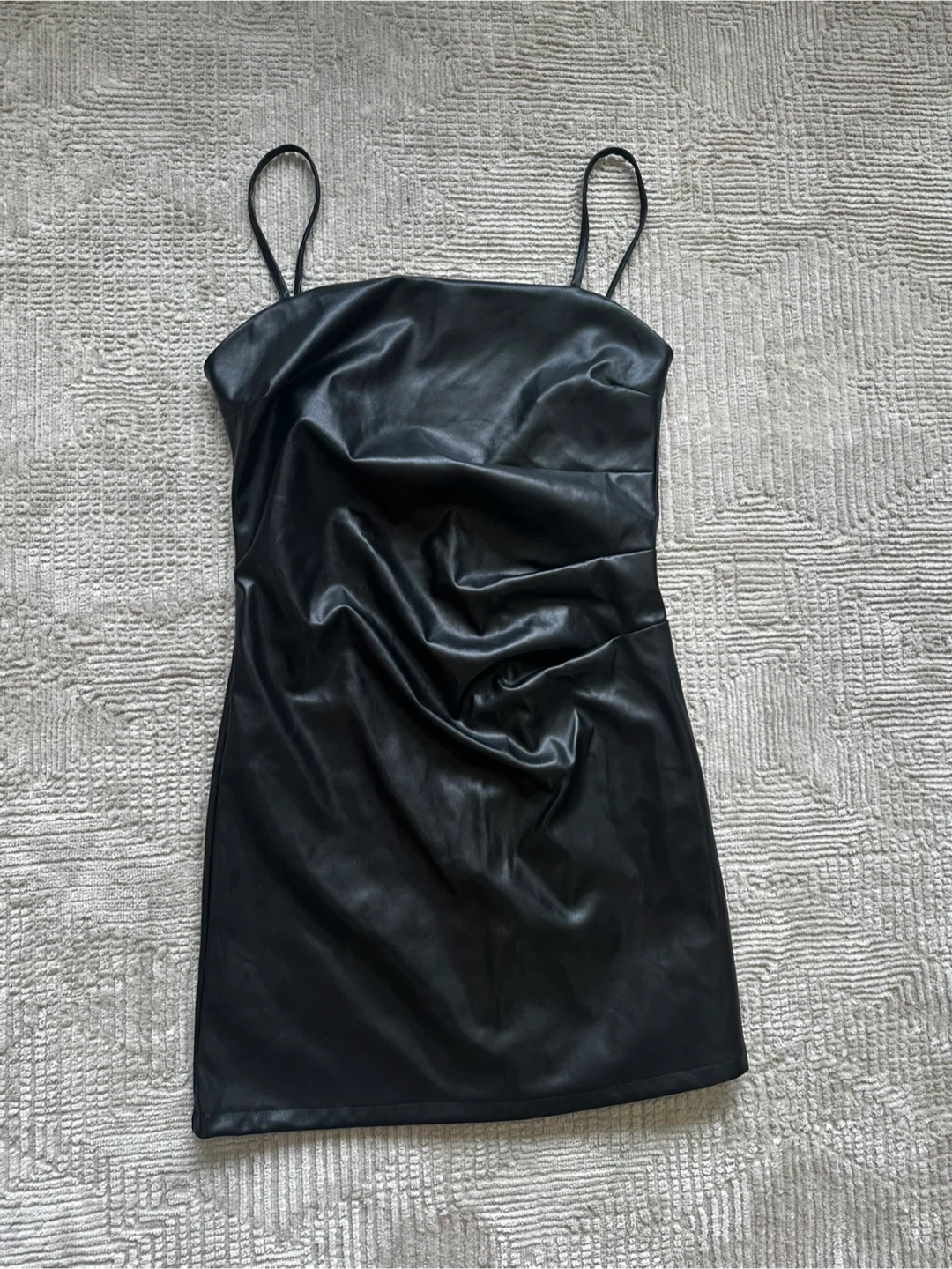 New Black Faux Leather Spaghetti Strap Mini Dress