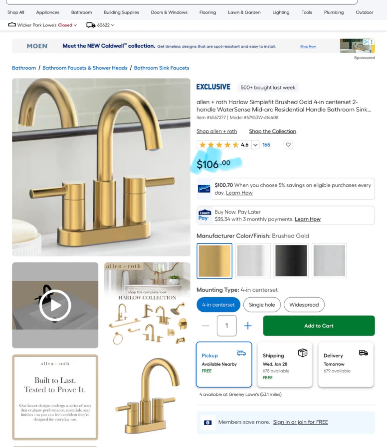 Allen + Roth Harlow Brushed Gold Centerset Bath Faucet