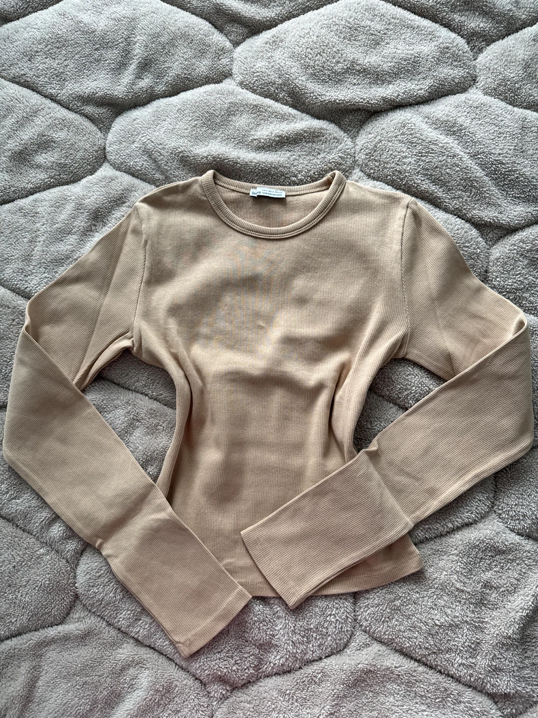 Bershka Ribbed Long Sleeve Top - Beige