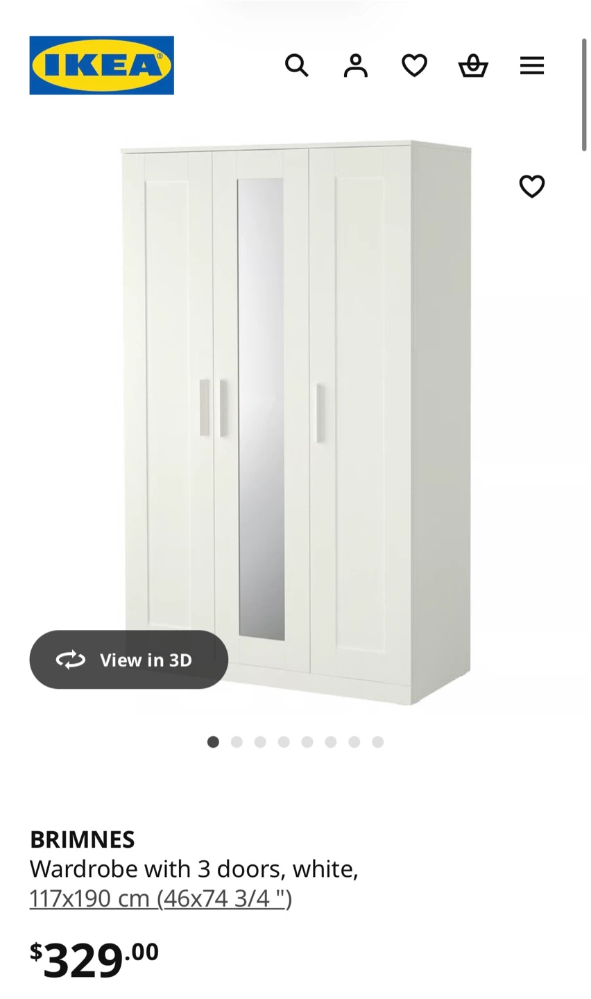 IKEA BRIMNES Wardrobe with 3 Doors and Mirror - White
