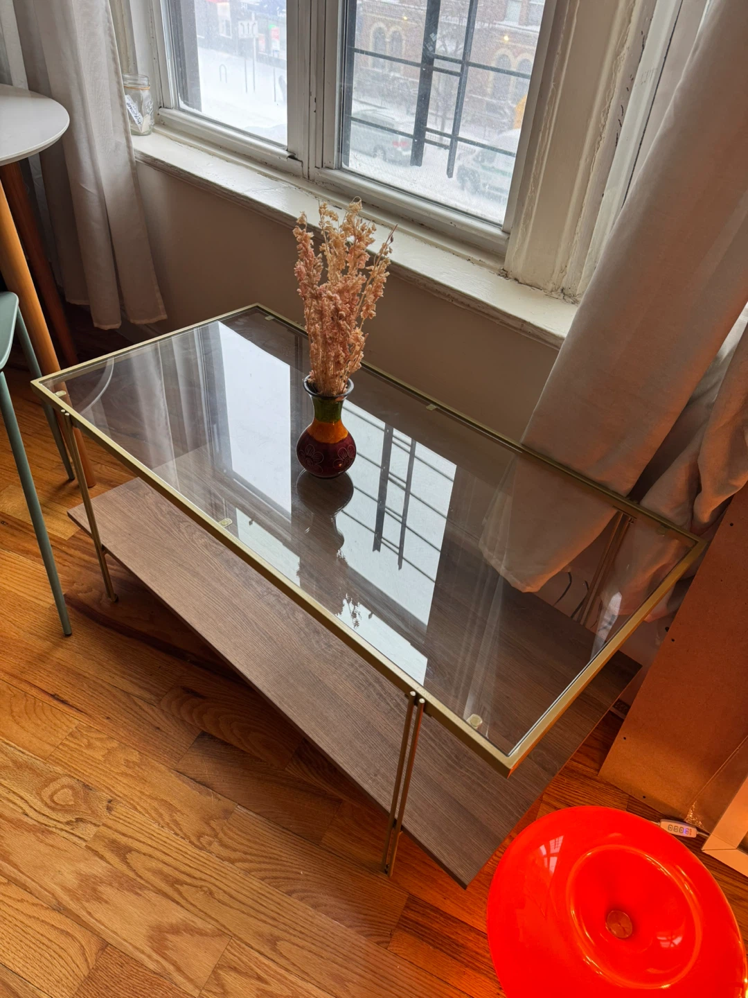 Glass and Metal Coffee Table with Wood Shelf - photo 2