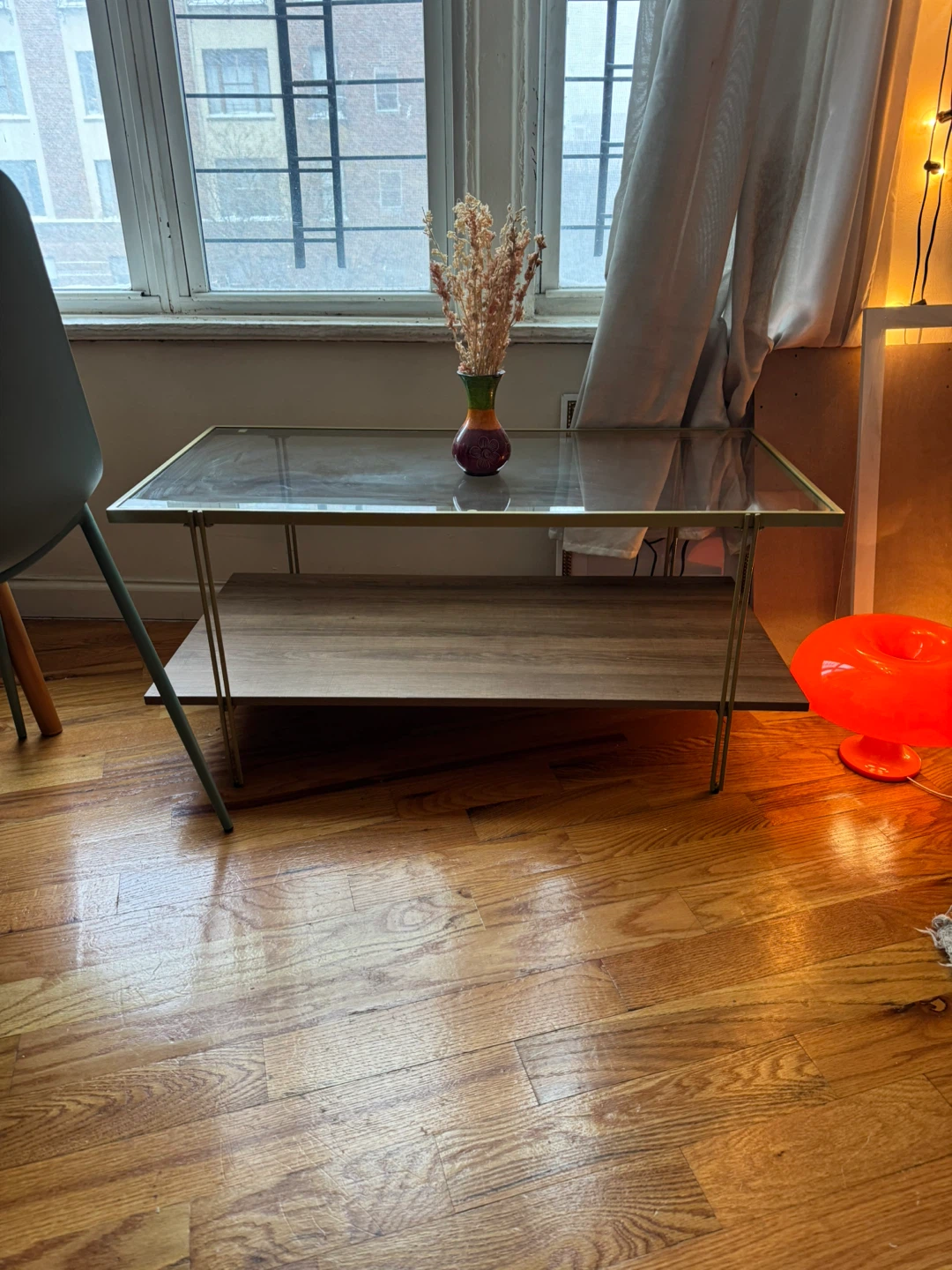 Glass and Metal Coffee Table with Wood Shelf - photo 3