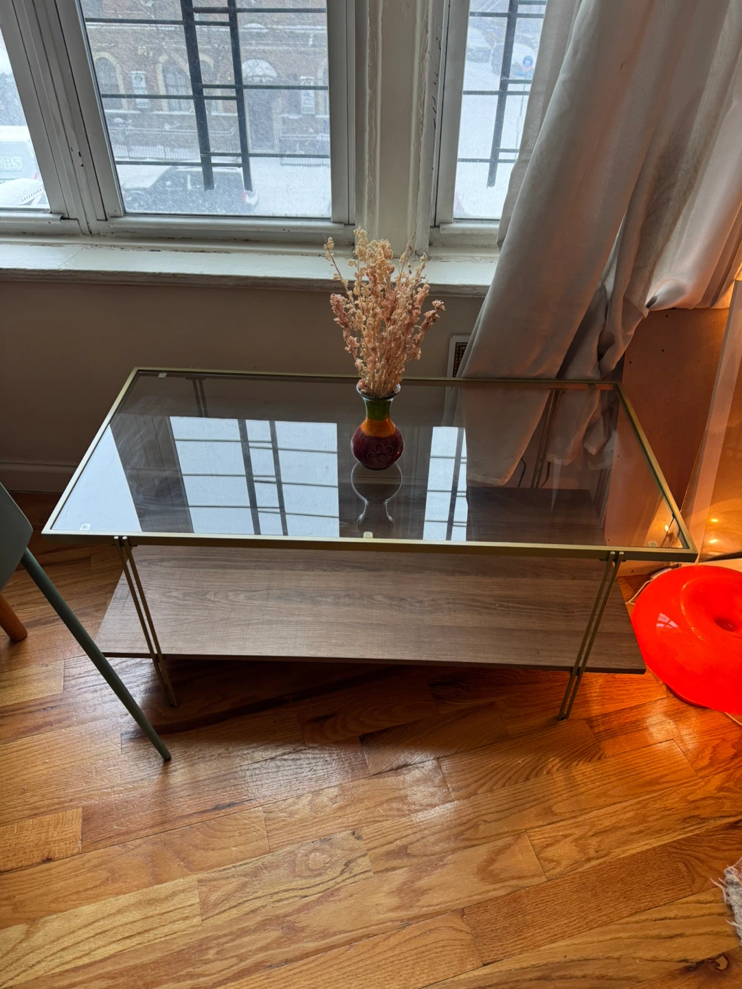 Glass and Metal Coffee Table with Wood Shelf