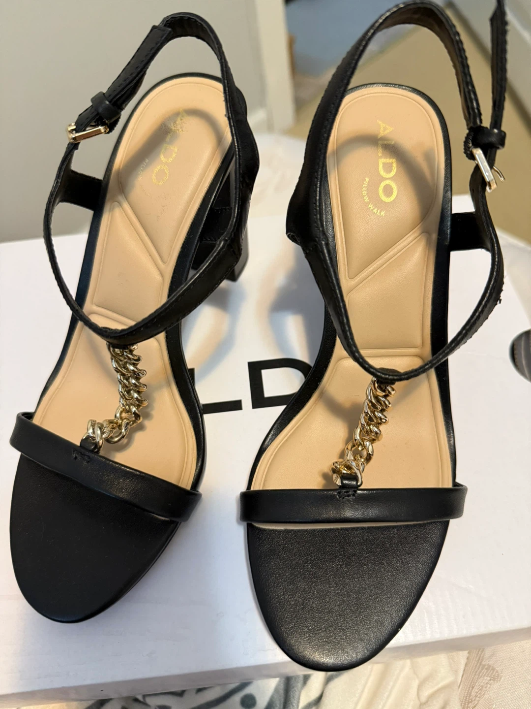 ALDO "Clelia" Black Chain Detail Block Heels - Size 6