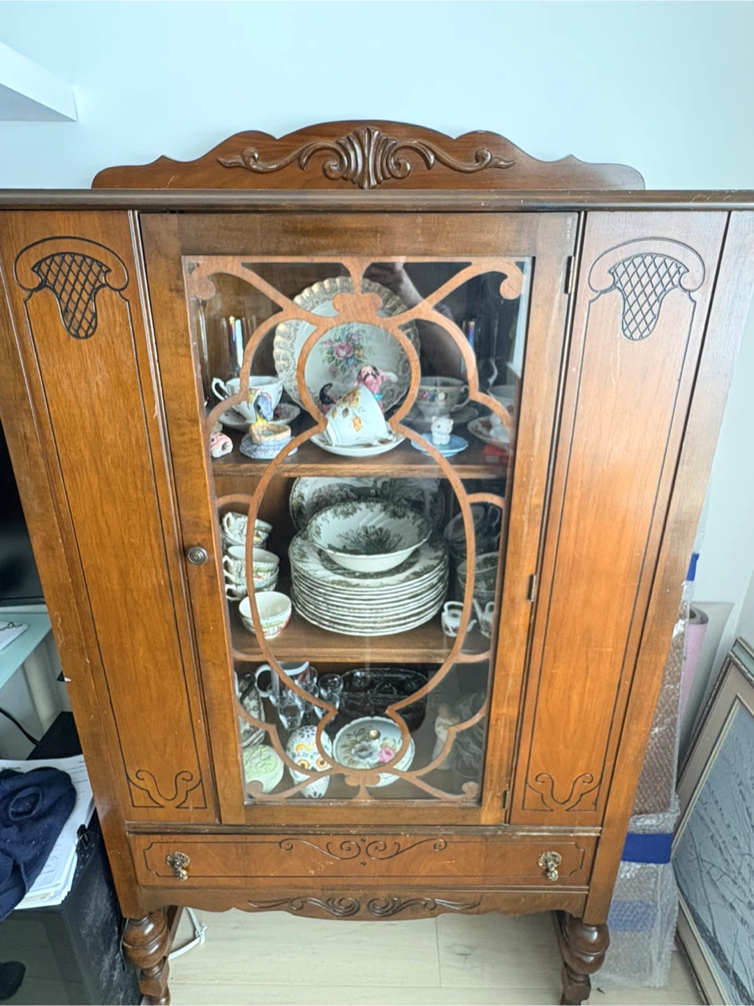 Vintage Wooden China Cabinet with Glass Doors