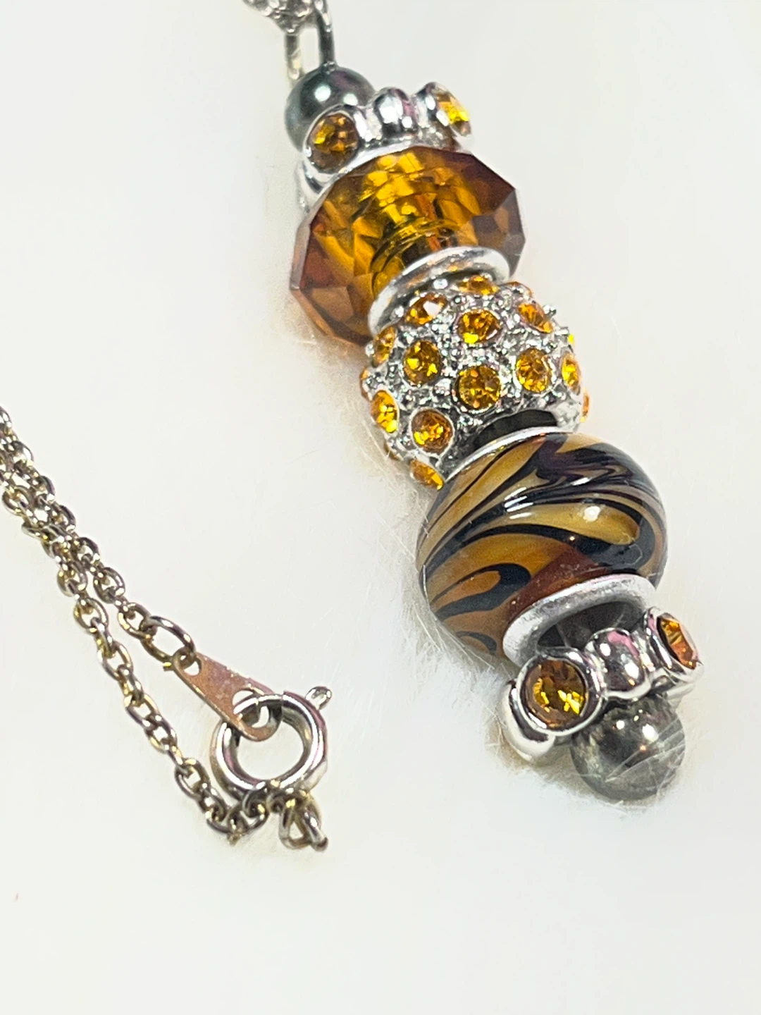 Beaded Charm Necklace with Amber and Tiger Stripe Beads