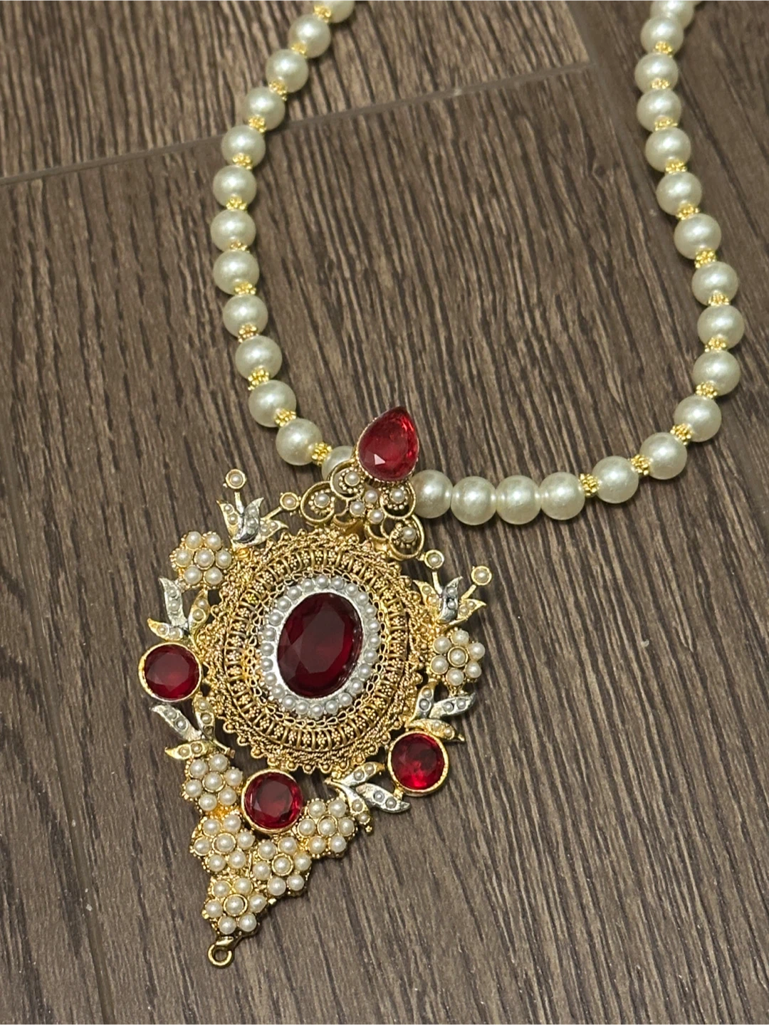 Royalty Pearl Necklace with Ruby and Gold Pendant