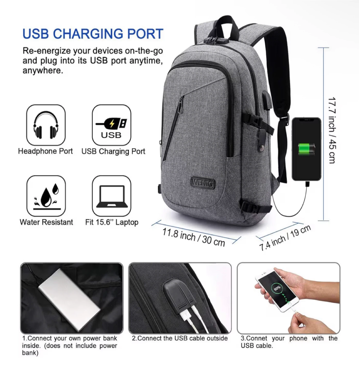 Dkeli Grey Backpack with USB Charging Port - photo 3