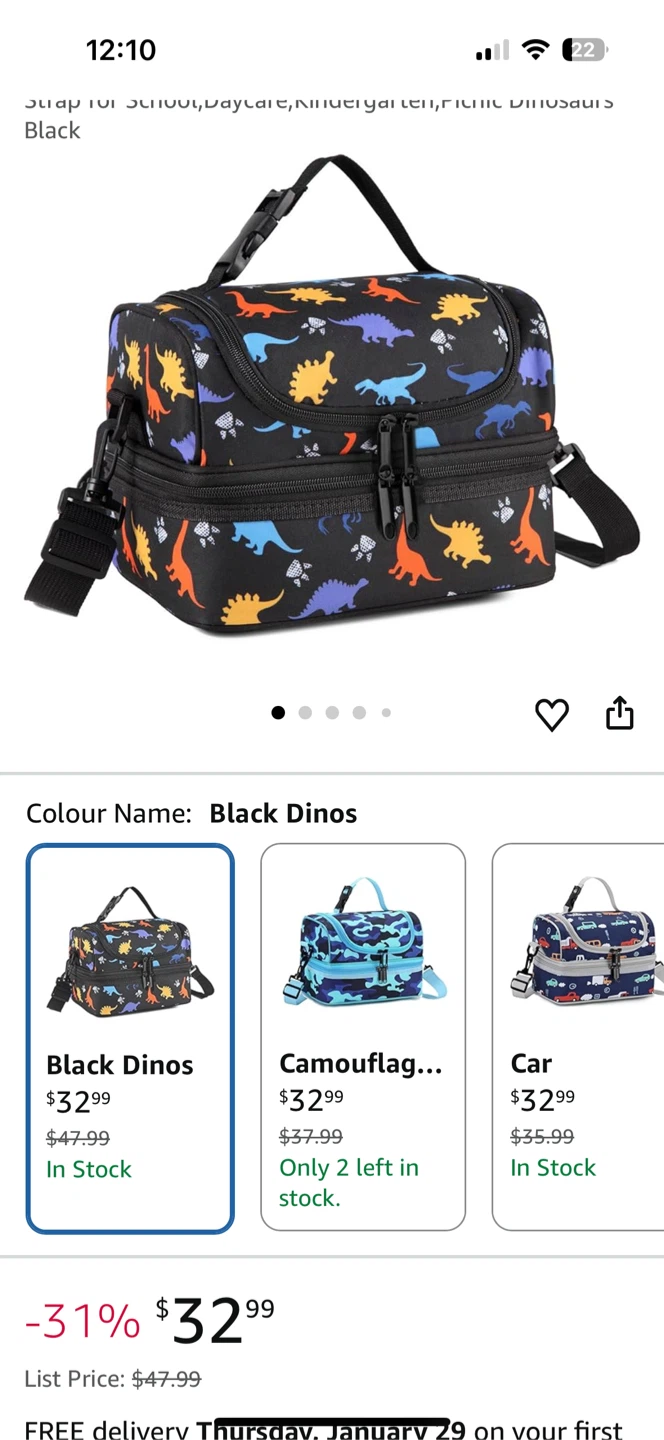 Kids Dinosaur Lunch Bag with Strap