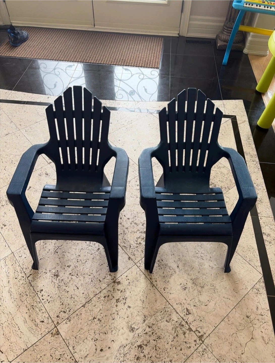 Set of 2 Blue Plastic Adirondack Chairs