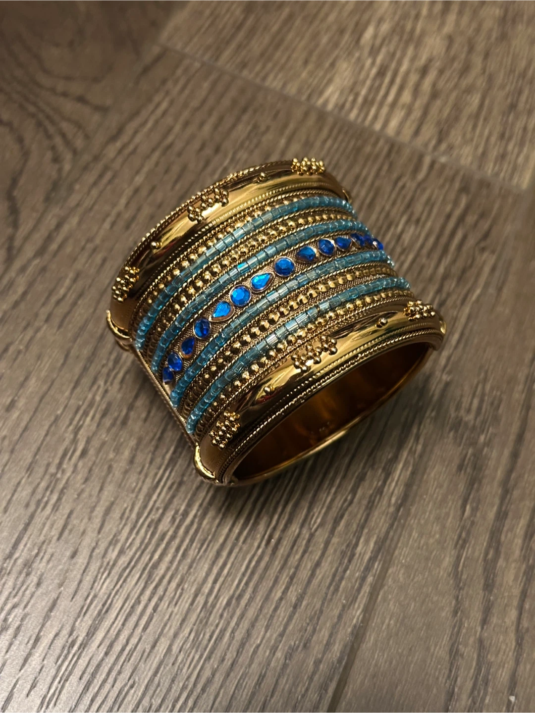 Indian Gold Tone Bangle with Blue Beads and Gems