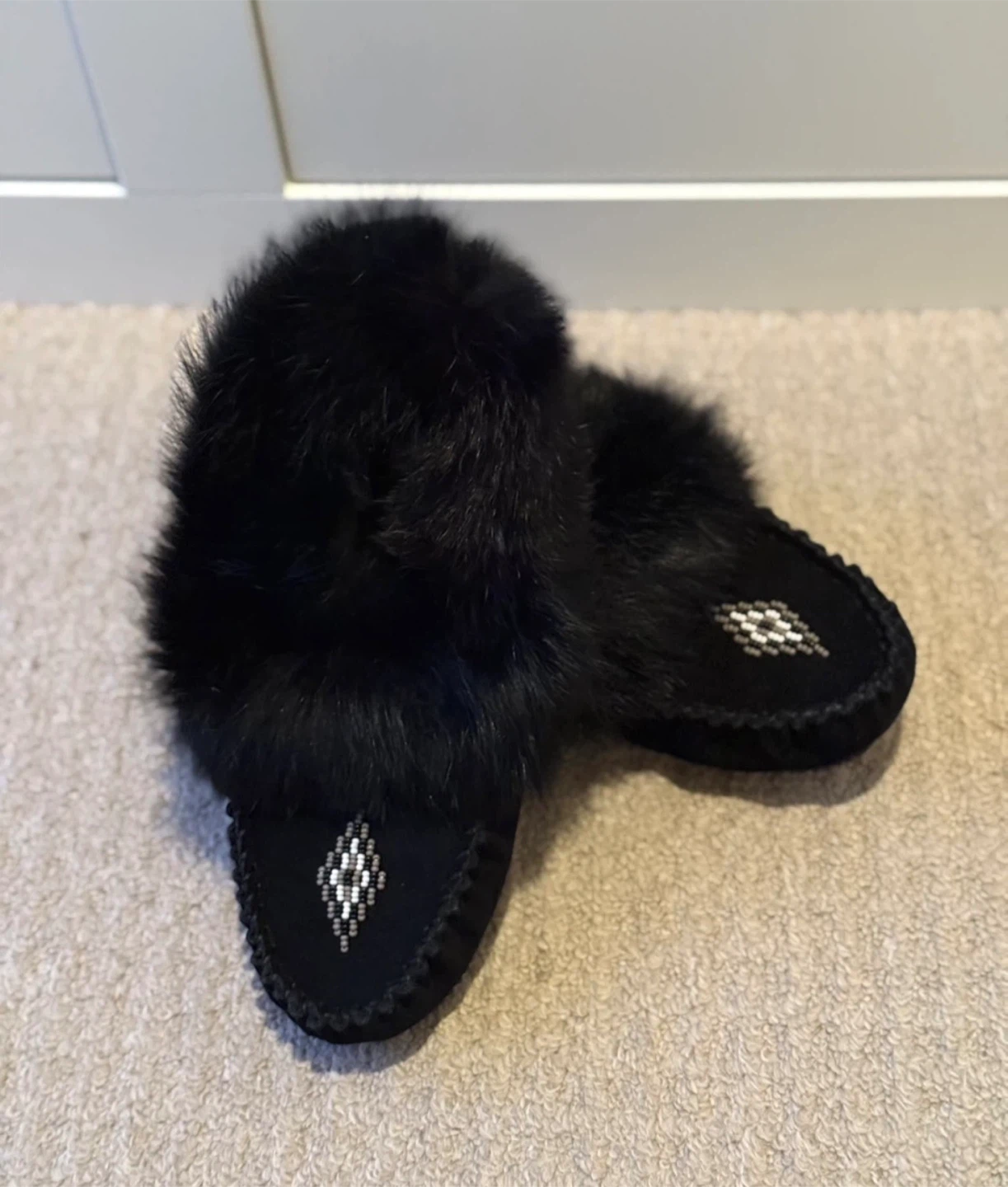 Black Suede Moccasins with Fur Trim