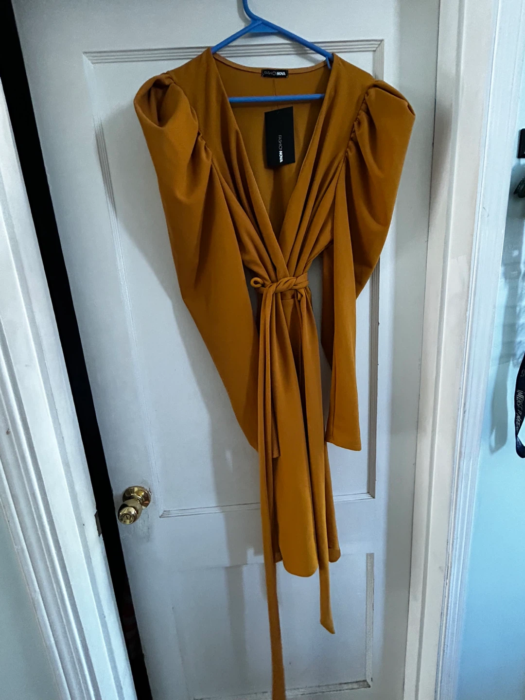 Fashion Nova Mustard Yellow Puff Sleeve Wrap Dress - photo 2