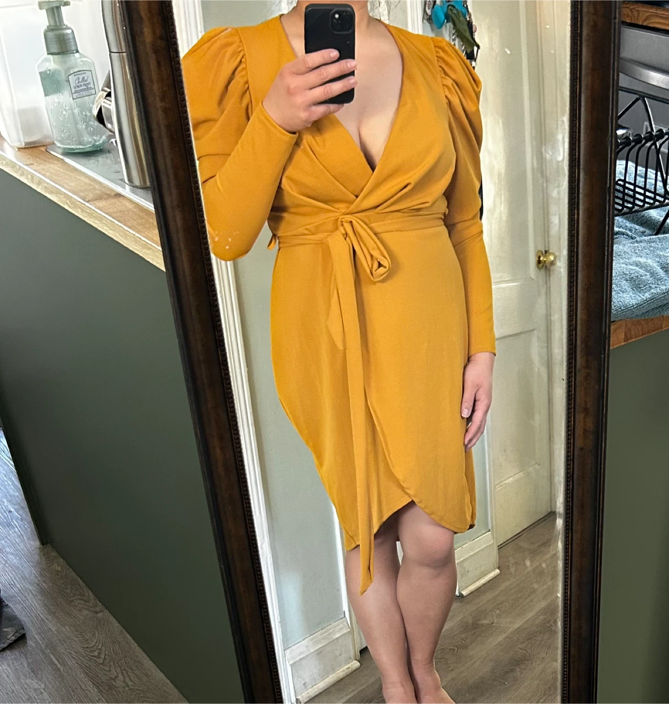 Fashion Nova Mustard Yellow Puff Sleeve Wrap Dress