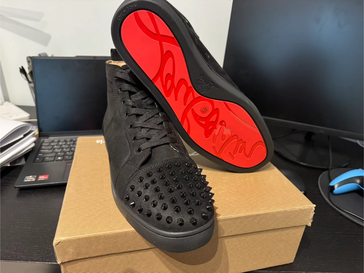 Christian Louboutin Black Suede Spiked Mid-Top Sneakers - photo 4