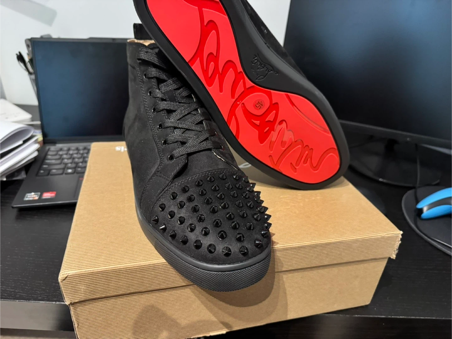 Christian Louboutin Black Suede Spiked Mid-Top Sneakers - photo 2