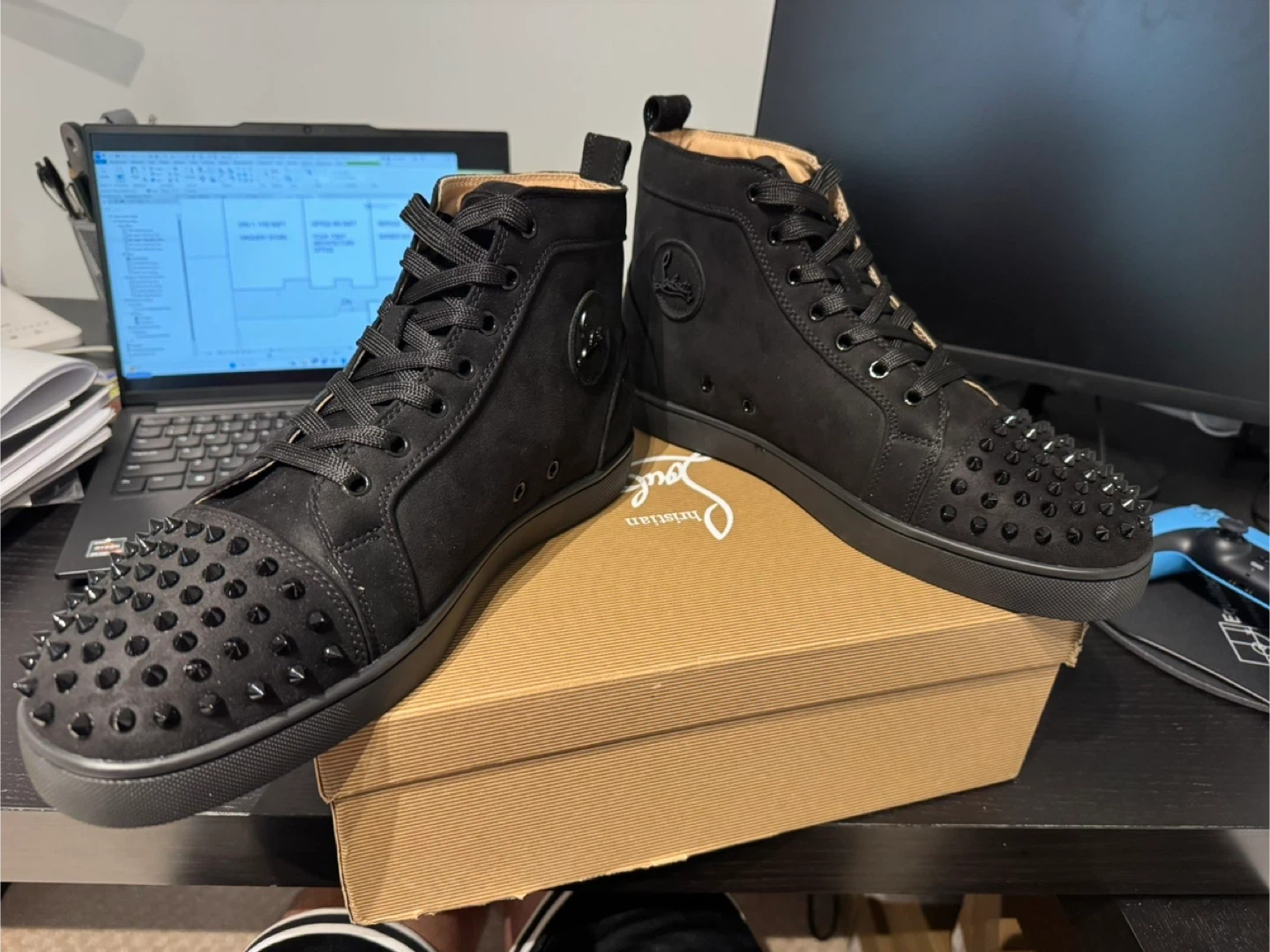 Christian Louboutin Black Suede Spiked Mid-Top Sneakers