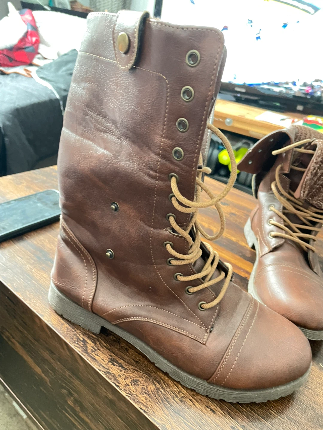 Ladies Brown Combat Boots with Knit Collars