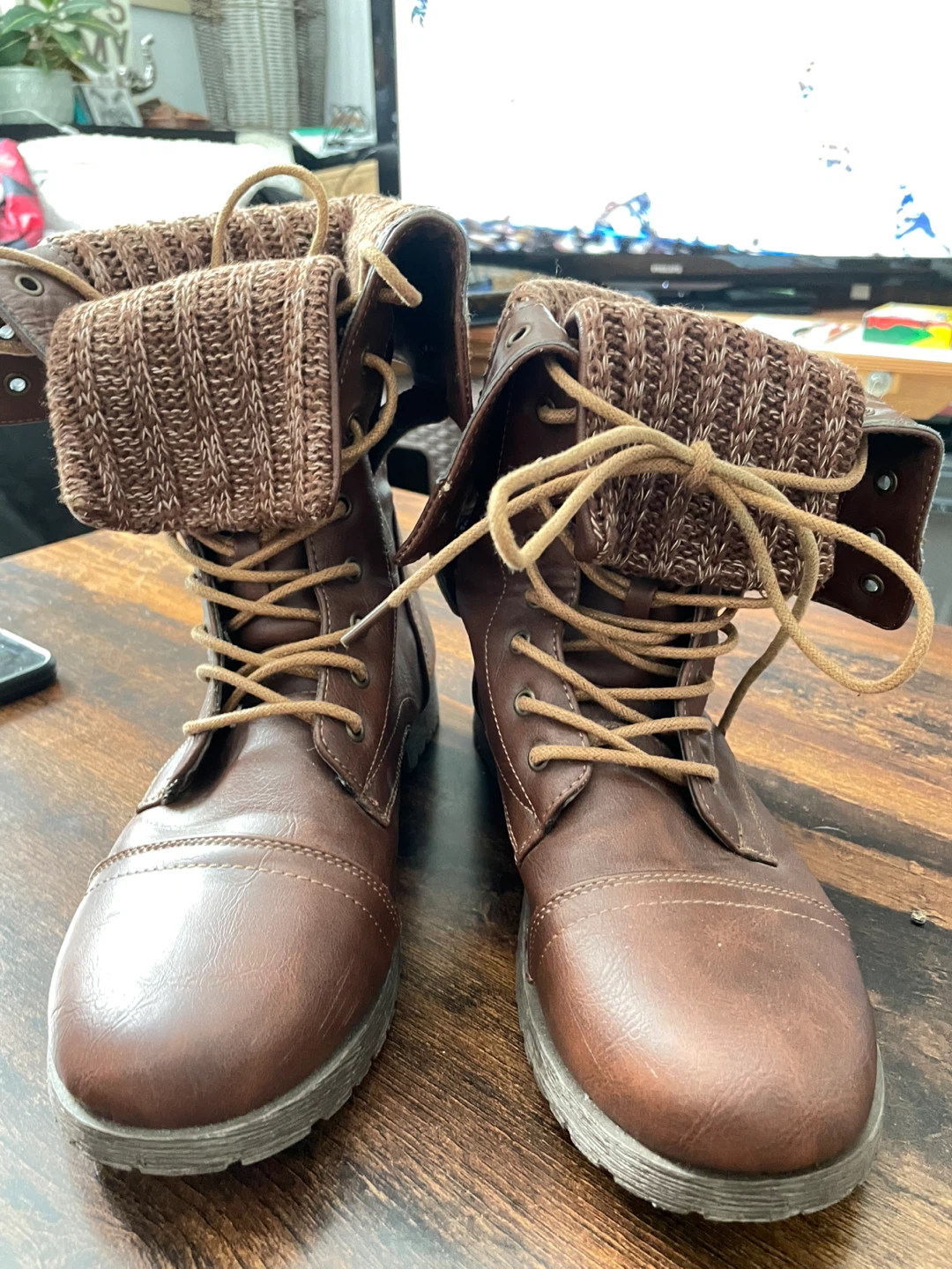 Ladies Brown Combat Boots with Knit Collars - photo 4