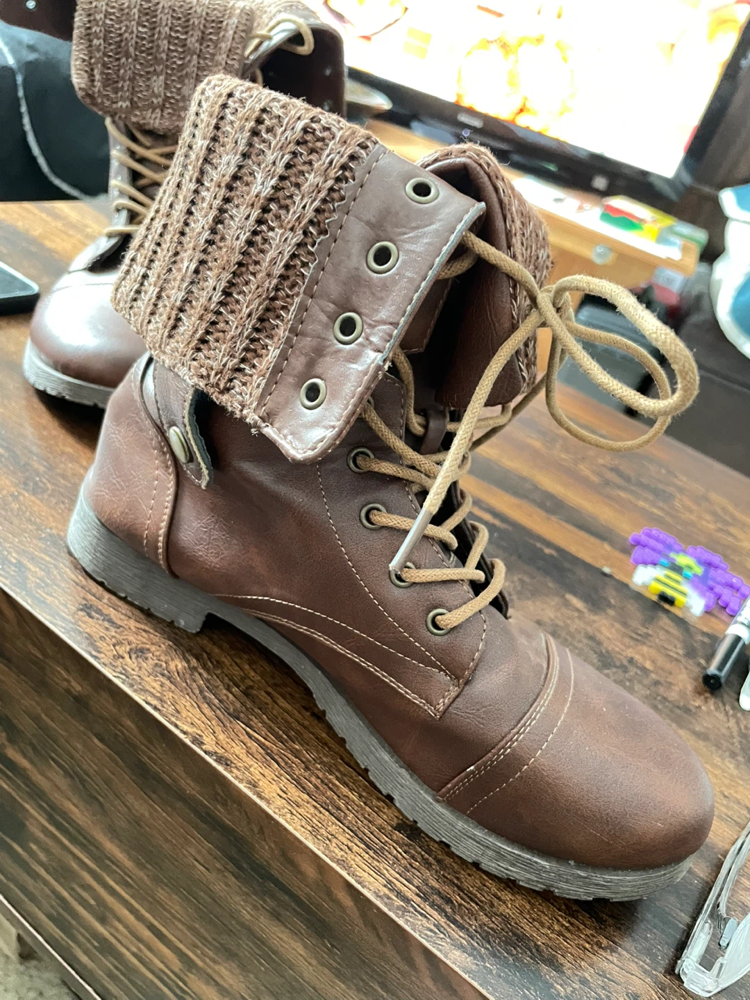 Ladies Brown Combat Boots with Knit Collars - photo 3
