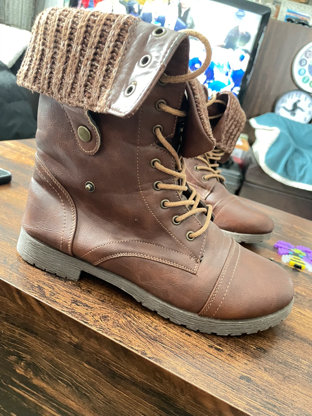 Ladies Brown Combat Boots with Knit Collars - photo 2