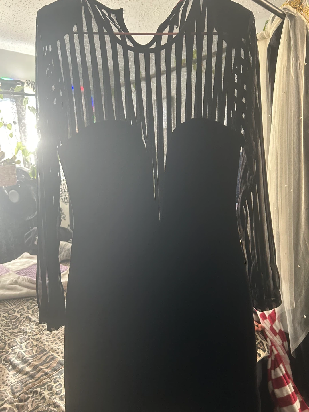 Motel Black Velvet and Sheer Striped Dress Size L - photo 3